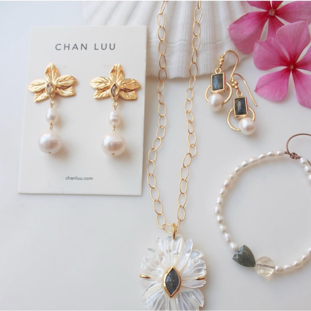 NWT $215 Chan Luu Sylve 18k GP Citrine Flower Pearl Drop Earrings ~ Boho Chic 🌺 - Picture 5 of 6